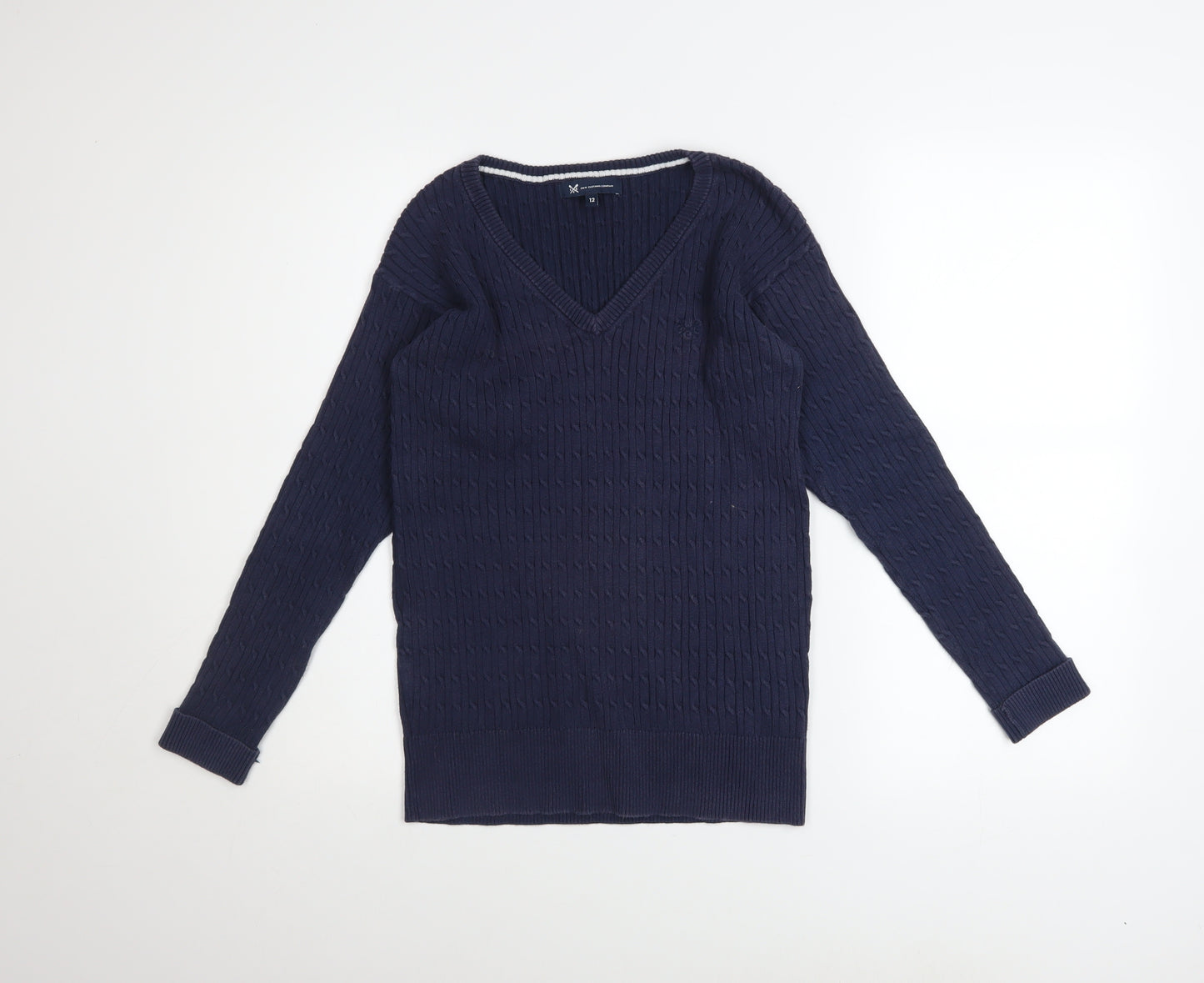 Crew Clothing Company Women's Blue Cotton V-Neck Cable Knit Jumper Size 12