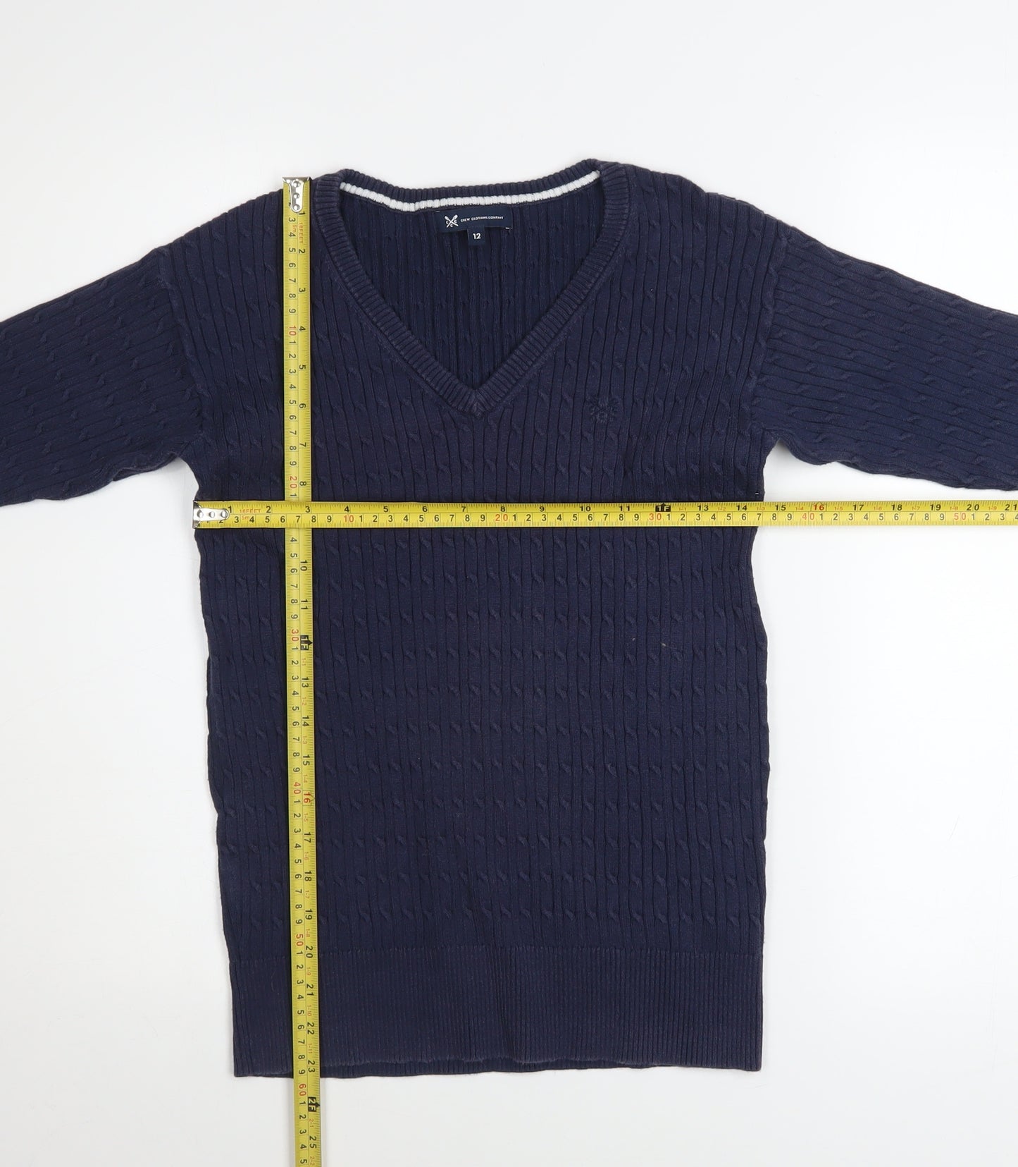 Crew Clothing Company Women's Blue Cotton V-Neck Cable Knit Jumper Size 12