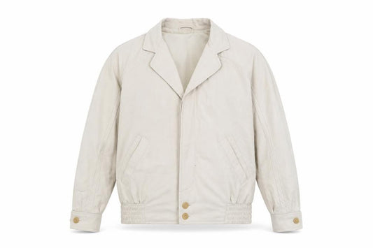 Front view of Austin Reed Men’s Beige Polyester Bomber Jacket, size 40R, Vintage