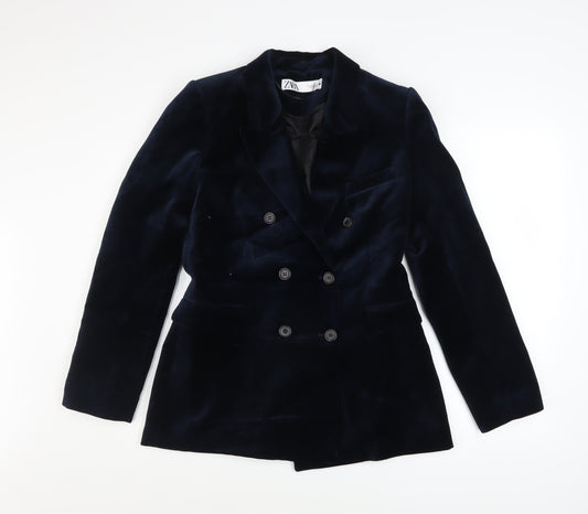 Zara Women Blue Velvet Double Breasted Blazer Size 12