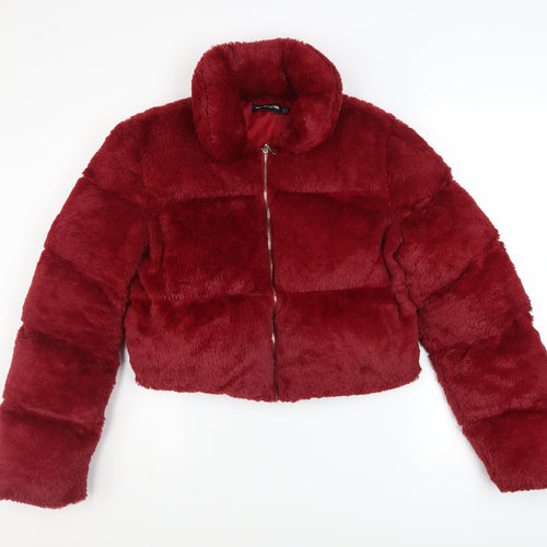 PrettyLittleThing Womens Red Cropped Faux Fur Puffer Jacket UK 10