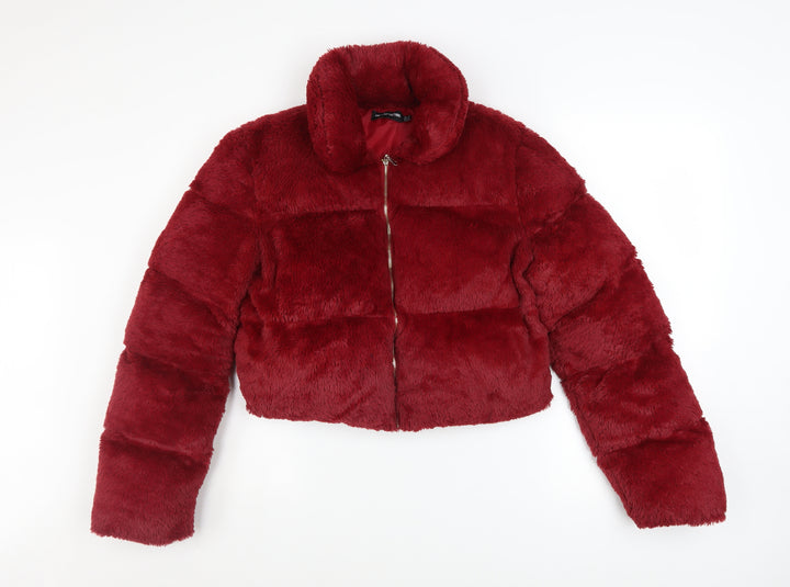 PrettyLittleThing Womens Red Cropped Faux Fur Puffer Jacket UK 10