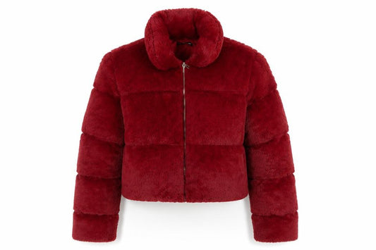 Front view of PRETTYLITTLETHING women’s red cropped faux fur puffer jacket uk 10