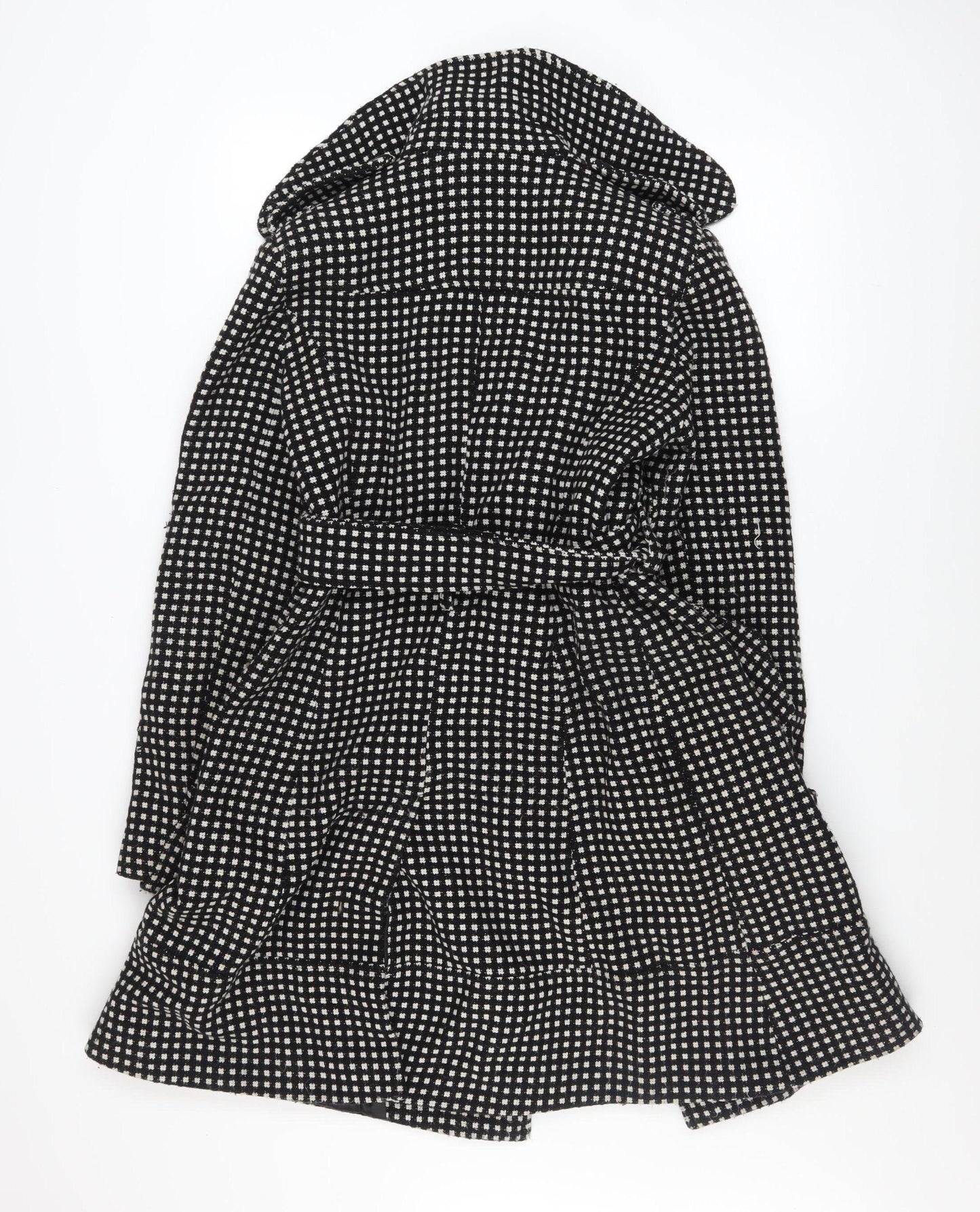 Et Vous Women's Black Check Trench Coat Size 12 Belted Wool Blend