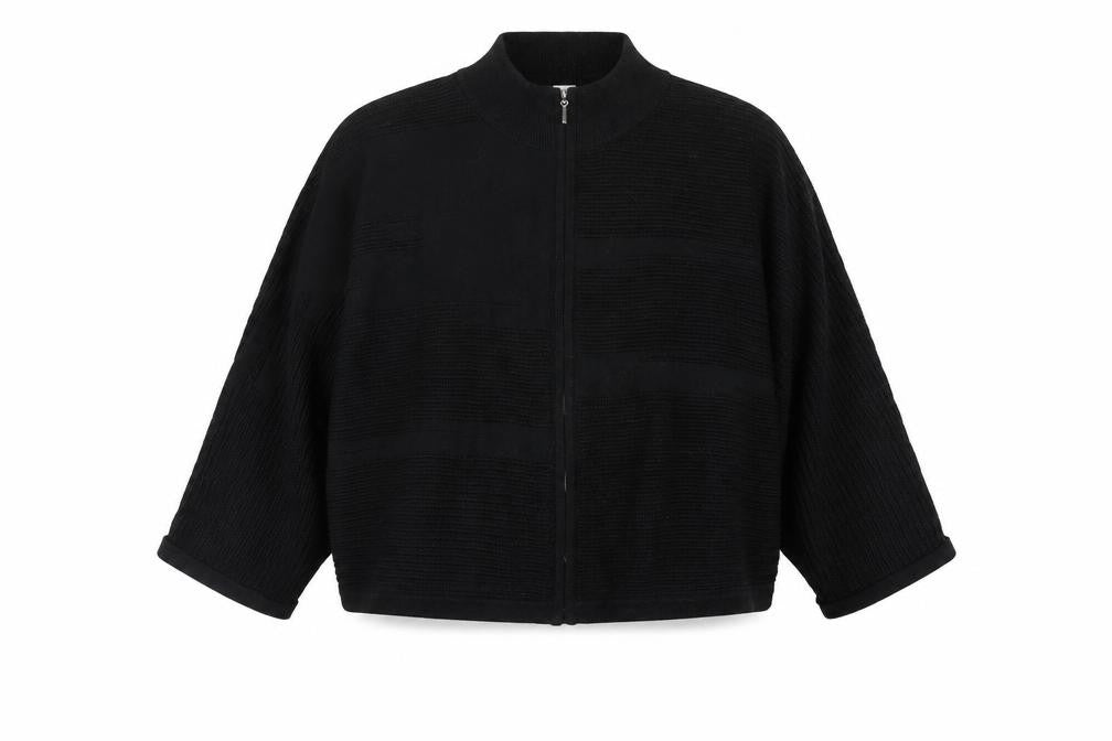 Front view of Wynne Collection Women's Black Knit Zip Short Relaxed Jacket, size S