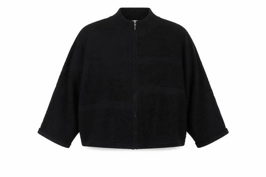 Front view of Wynne Collection Women's Black Knit Zip Short Relaxed Jacket, size S
