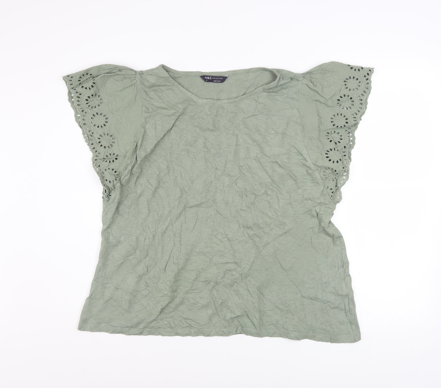 Marks and Spencer Women’s Green Embroidered Flutter Sleeve Cotton T-Shirt Size 16