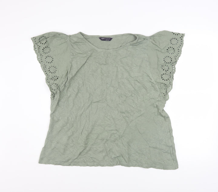 Marks and Spencer Women’s Green Embroidered Flutter Sleeve Cotton T-Shirt Size 16
