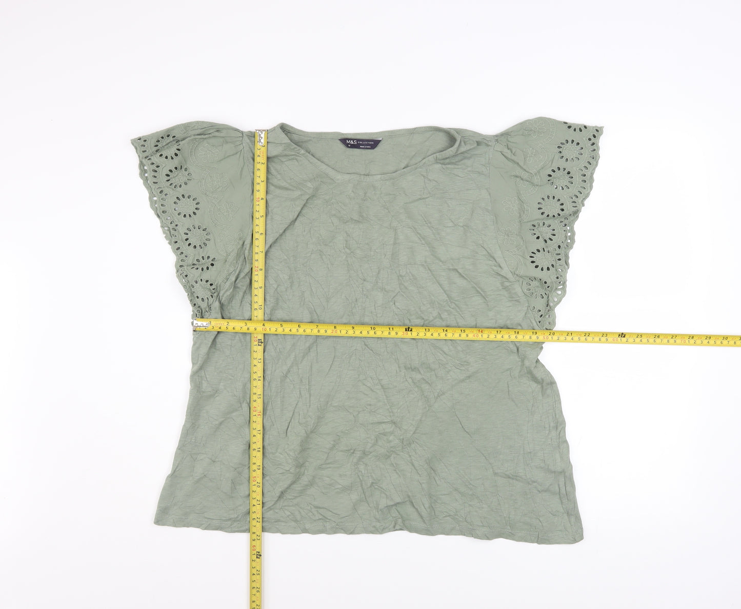 Marks and Spencer Women’s Green Embroidered Flutter Sleeve Cotton T-Shirt Size 16