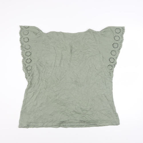 Marks and Spencer Women’s Green Embroidered Flutter Sleeve Cotton T-Shirt Size 16