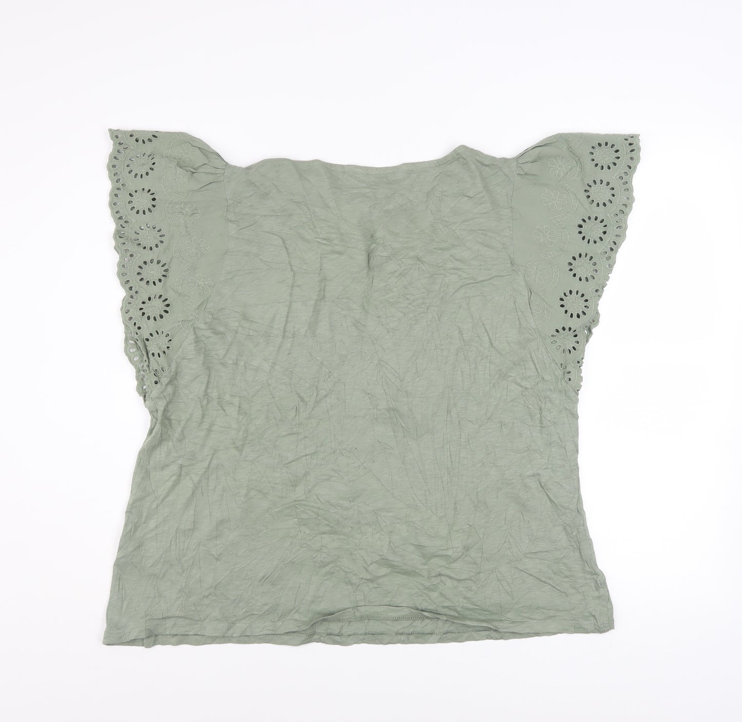 Marks and Spencer Women’s Green Embroidered Flutter Sleeve Cotton T-Shirt Size 16