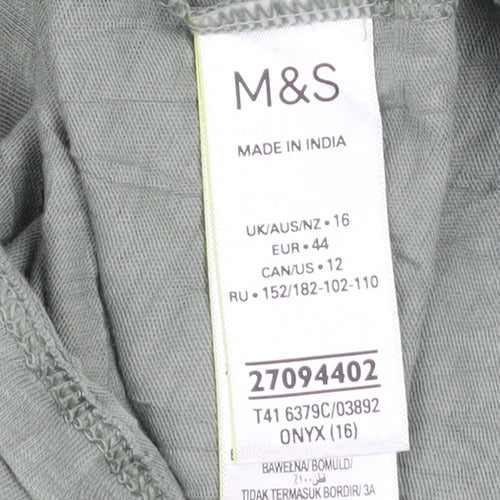 Marks and Spencer Women’s Green Embroidered Flutter Sleeve Cotton T-Shirt Size 16