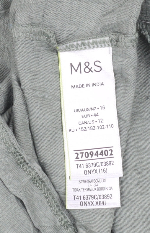 Marks and Spencer Women’s Green Embroidered Flutter Sleeve Cotton T-Shirt Size 16