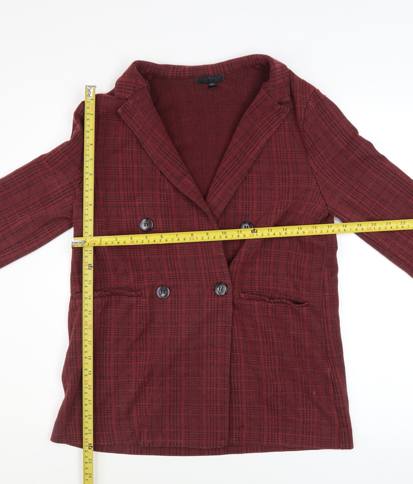 Topshop Women Red Check Cotton Blend Blazer UK 10 Classic Style