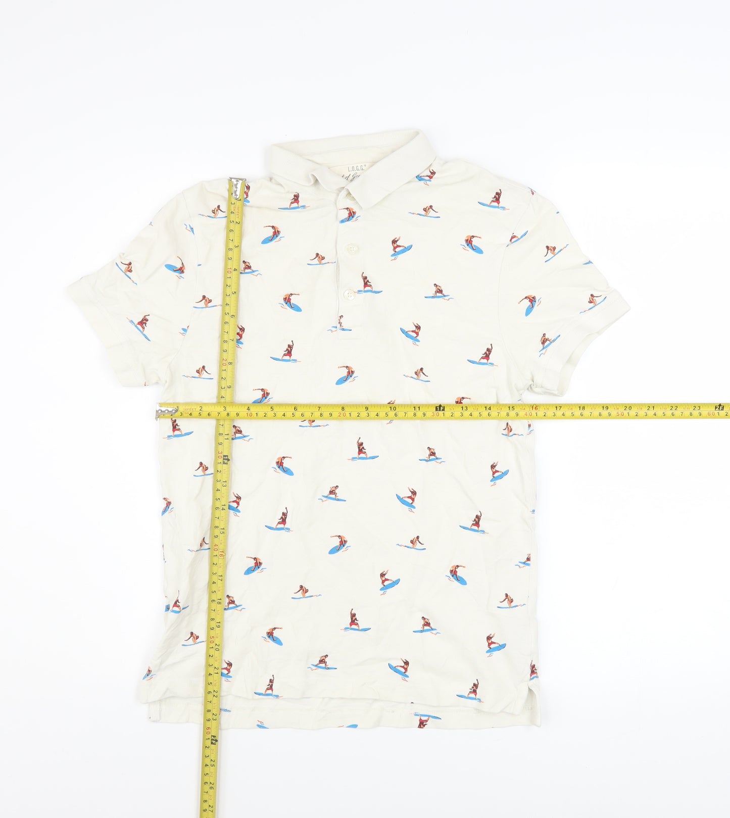 H&M L.O.G.G Men's Beige Surfer Print Cotton Polo Shirt Size S