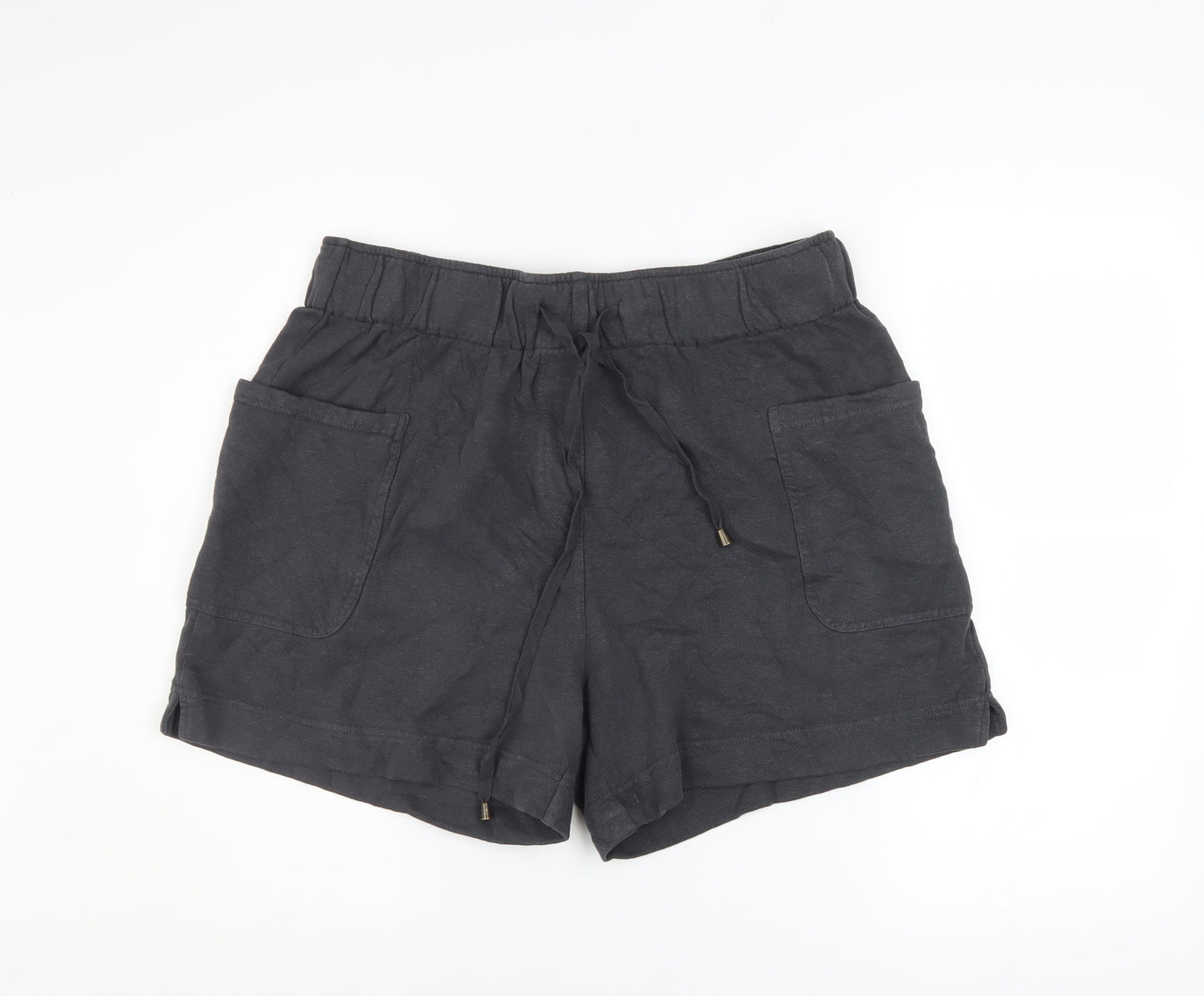 Wrap London Women Black Hemp Cotton Relaxed Fit Drawstring Shorts UK 16