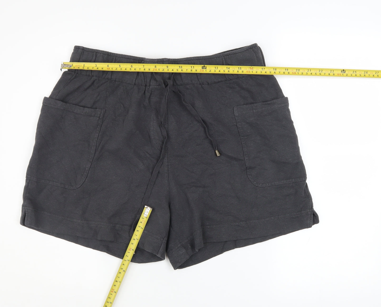 Wrap London Women Black Hemp Cotton Relaxed Fit Drawstring Shorts UK 16
