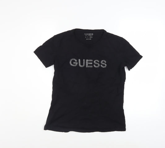 Guess Womens Black Beaded Logo Short Sleeve Cotton T-Shirt Size L