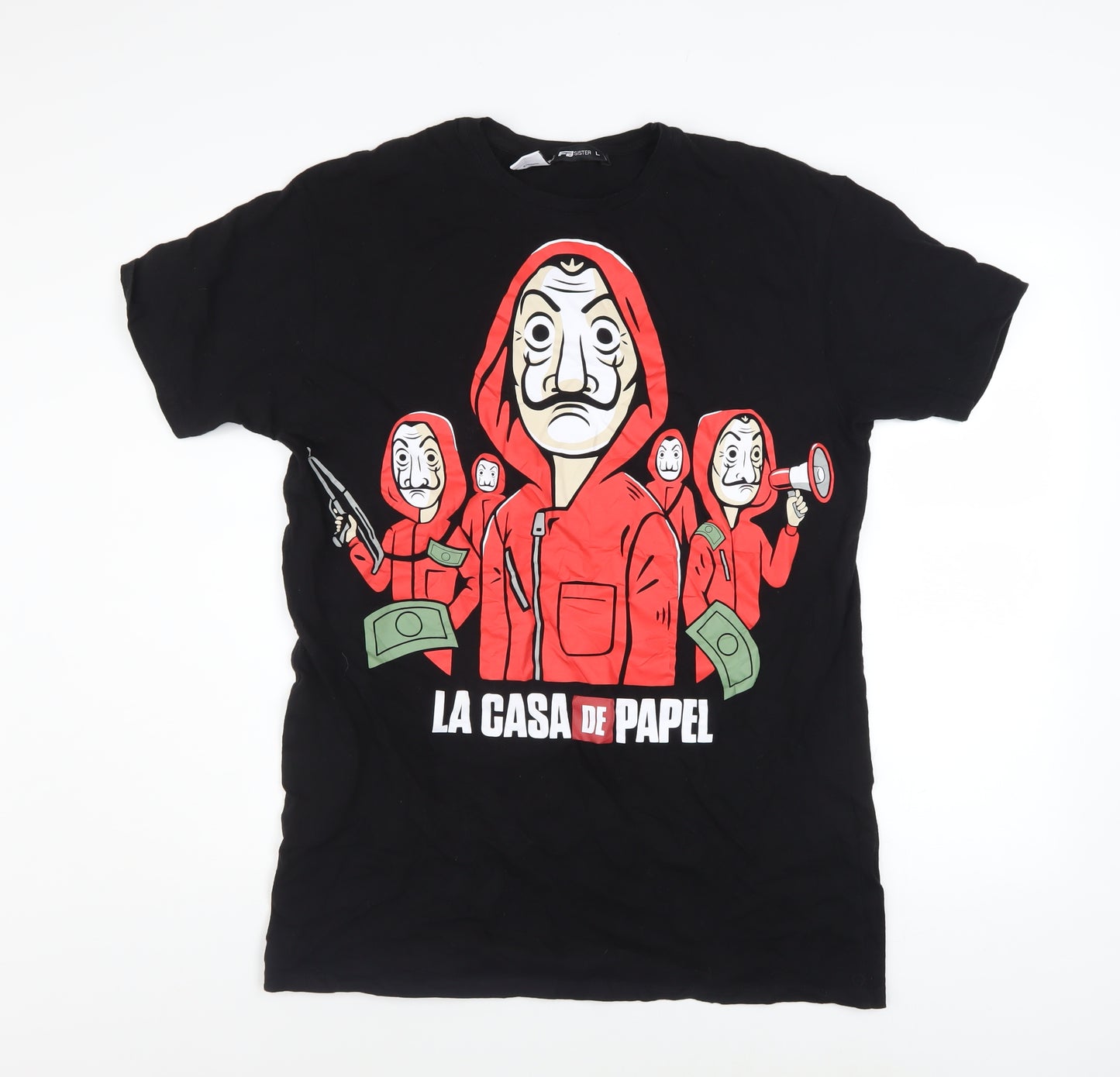 FB Sister La Casa De Papel Black Graphic Print Men's L T-Shirt
