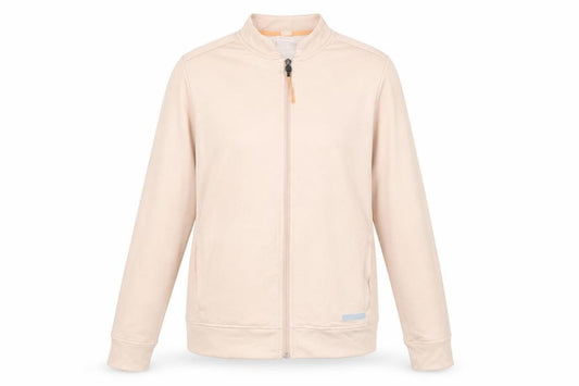 Front view of Decathlon women’s beige, size UK 10, lightweight full zip track jacket