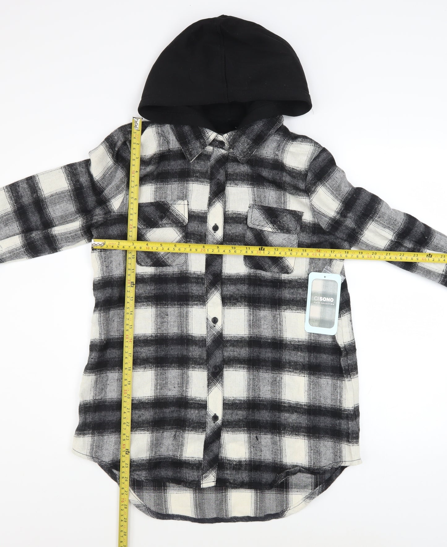 CISONO Women’s Black Check Hooded Shirt Jacket Size M Cotton Blend