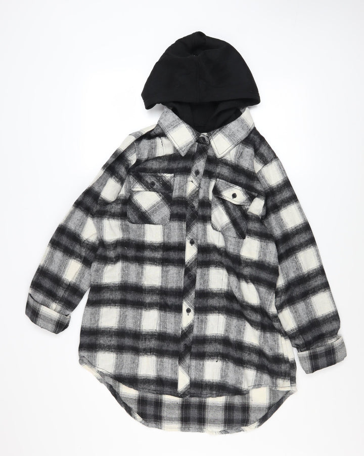 Ci Sono Women's Black & White Plaid Hooded Shacket XL Cotton Blend