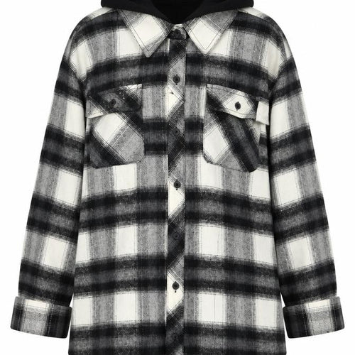 Ci Sono Women's Black & White Plaid Hooded Shacket XL Cotton Blend