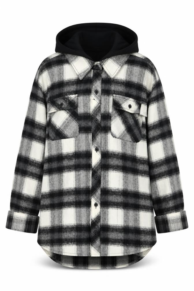 Ci Sono Women's Black & White Plaid Hooded Shacket XL Cotton Blend
