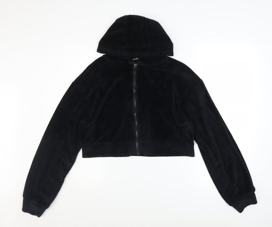 Threadbare Women's Black Velour Cropped Zip Hoodie Jacket Size 14
