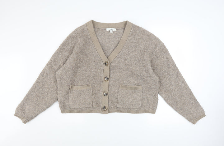 Marks and Spencer Women Beige L V-Neck Button Knit Cardigan Jumper