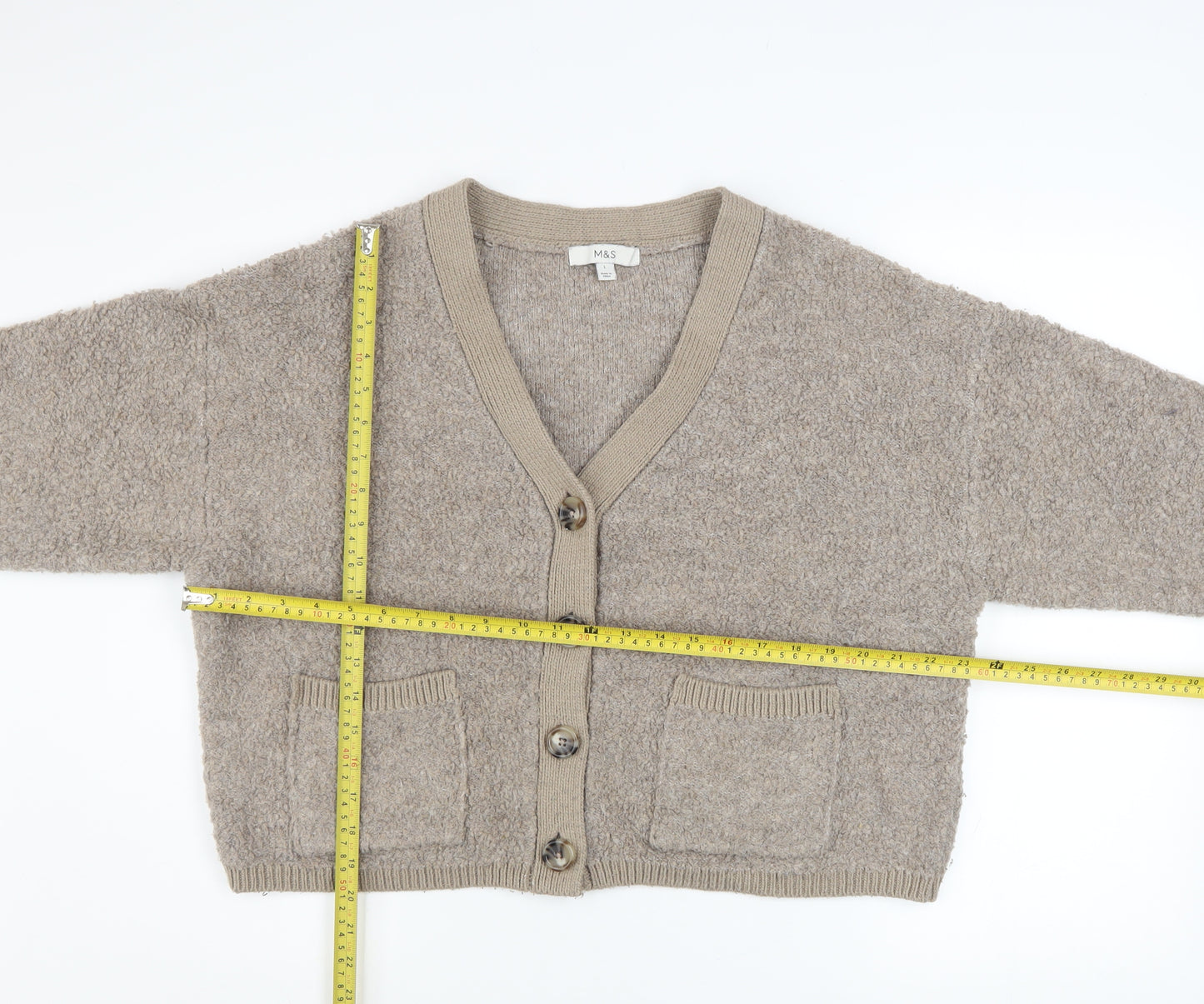 Marks and Spencer Women Beige L V-Neck Button Knit Cardigan Jumper