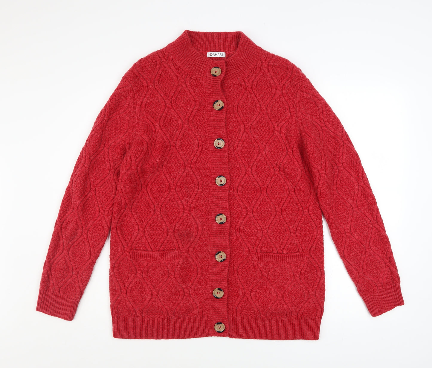 Damart Women Red Marl Cable-Knit Button Cardigan L Wool Blend
