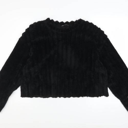 Zara Women Black Faux Fur Pullover Sweatshirt Size M