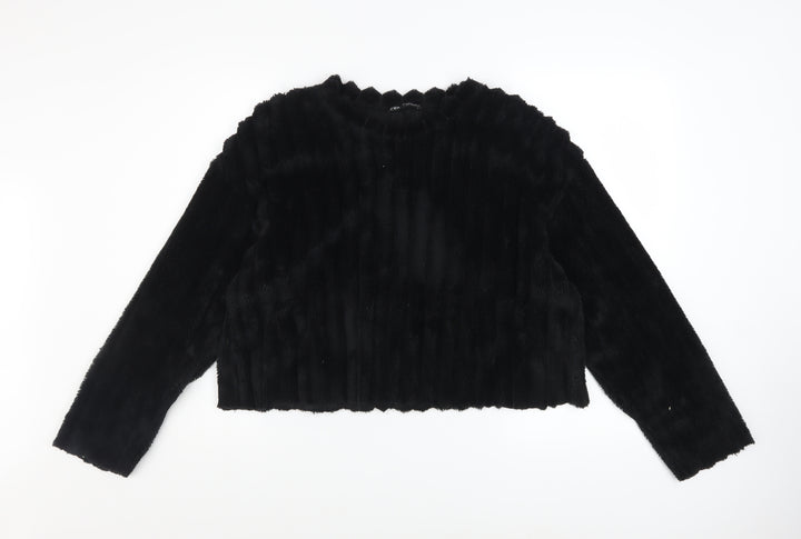 Zara Women Black Faux Fur Pullover Sweatshirt Size M