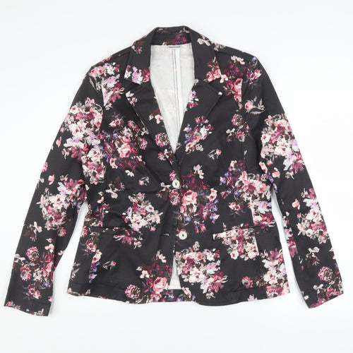 Damart Womens Black Floral Blazer Jacket Size 14 Cotton Blend