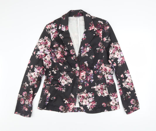 Damart Womens Black Floral Blazer Jacket Size 14 Cotton Blend