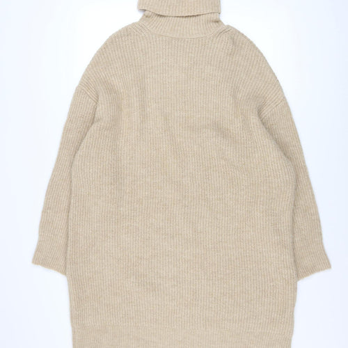Stradivarius Women Beige XS Roll Neck Long Sleeve Jumper Dress
