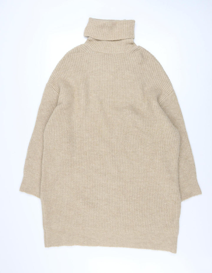 Stradivarius Women Beige XS Roll Neck Long Sleeve Jumper Dress