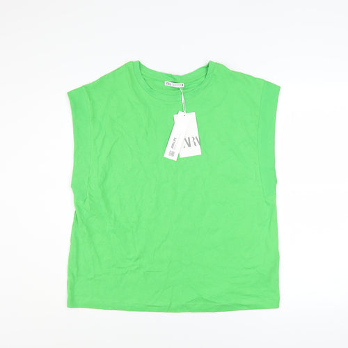 Zara Women Green Sleeveless Crew Neck Basic T-Shirt Size M