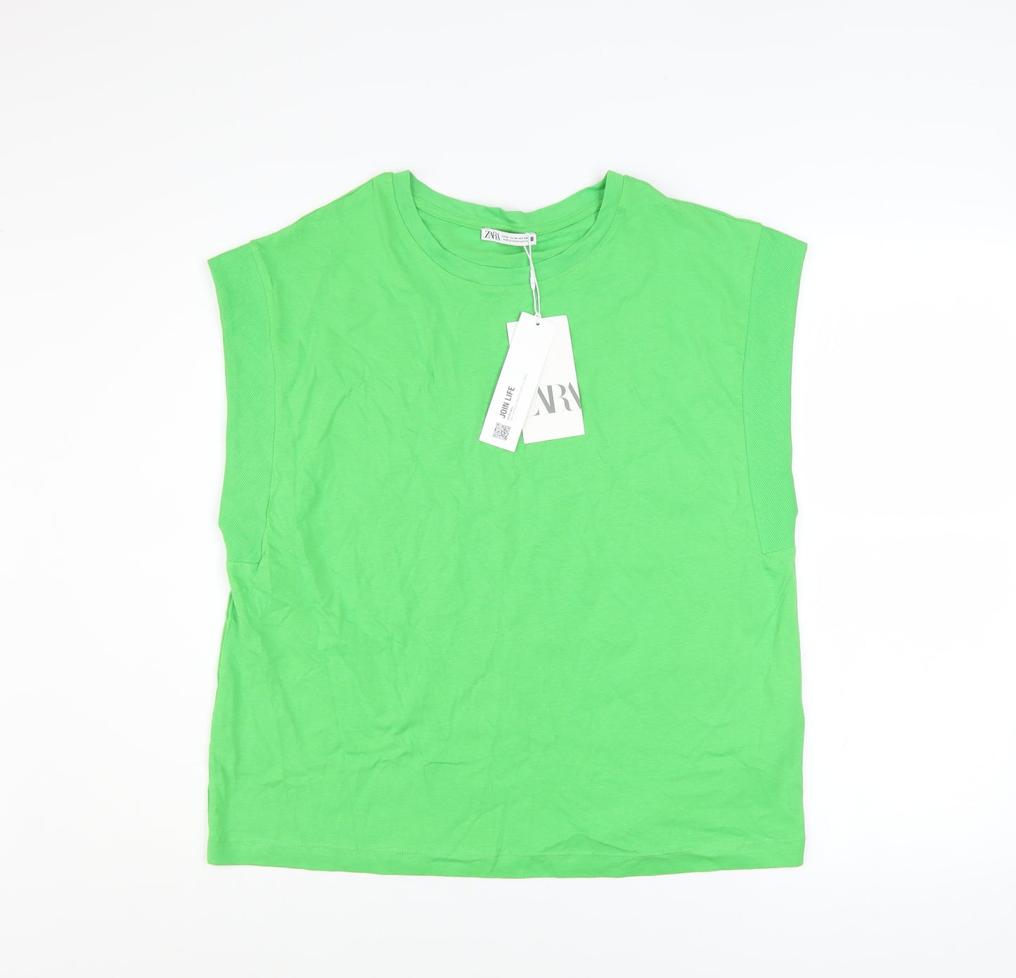 Zara Women Green Sleeveless Crew Neck Basic T-Shirt Size M