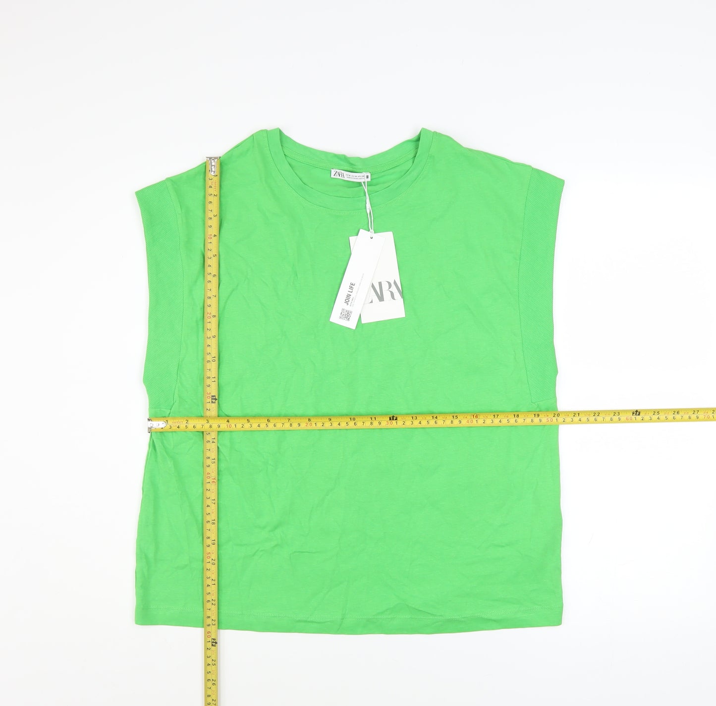 Zara Women Green Sleeveless Crew Neck Basic T-Shirt Size M