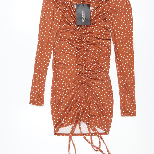 PrettyLittleThing Women Brown Polka Dot Bodycon Dress Size 6 Long Sleeve