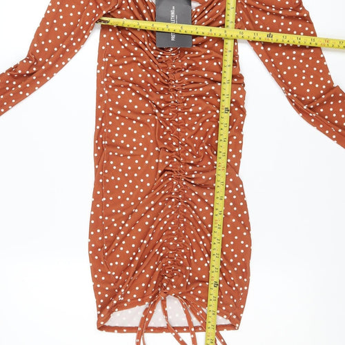 PrettyLittleThing Women Brown Polka Dot Bodycon Dress Size 6 Long Sleeve