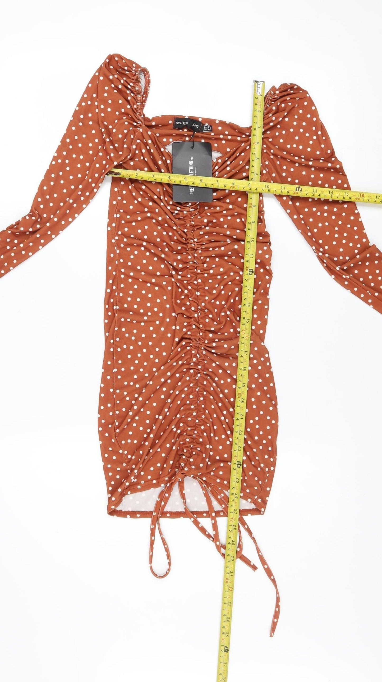PrettyLittleThing Women Brown Polka Dot Bodycon Dress Size 6 Long Sleeve