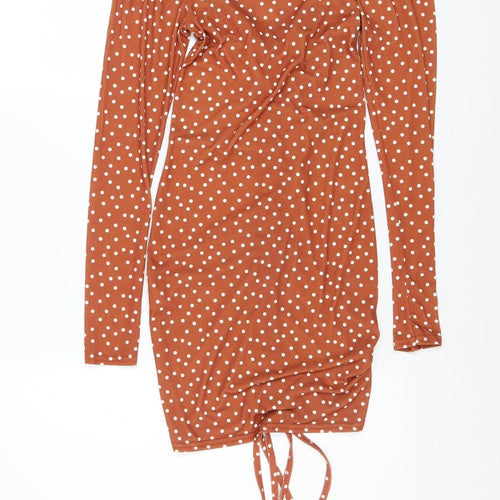 PrettyLittleThing Women Brown Polka Dot Bodycon Dress Size 6 Long Sleeve