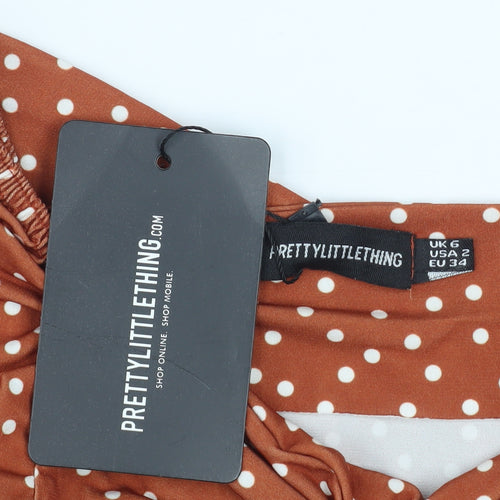 PrettyLittleThing Women Brown Polka Dot Bodycon Dress Size 6 Long Sleeve