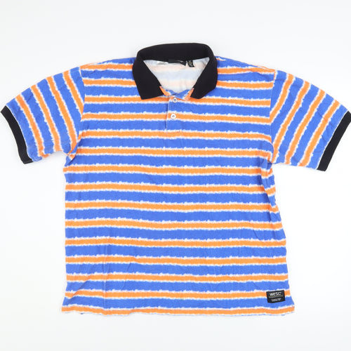 WESC Men's Blue Orange Striped Collared Polo Shirt XL Cotton