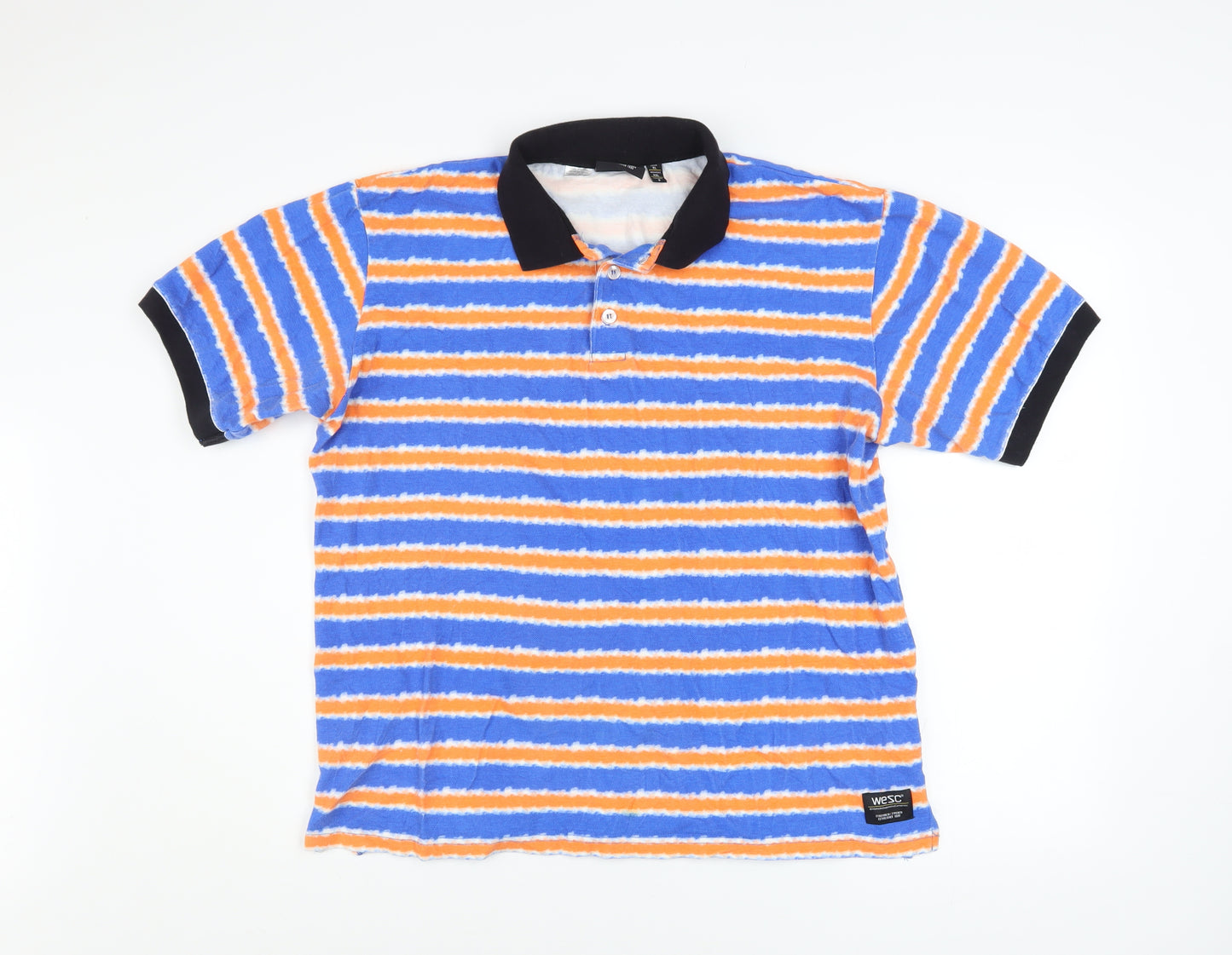 WESC Men's Blue Orange Striped Collared Polo Shirt XL Cotton