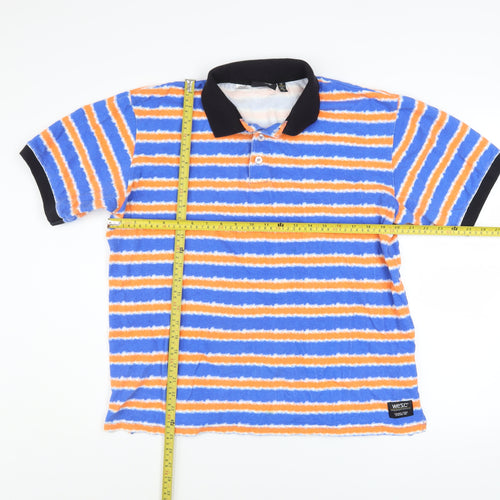 WESC Men's Blue Orange Striped Collared Polo Shirt XL Cotton