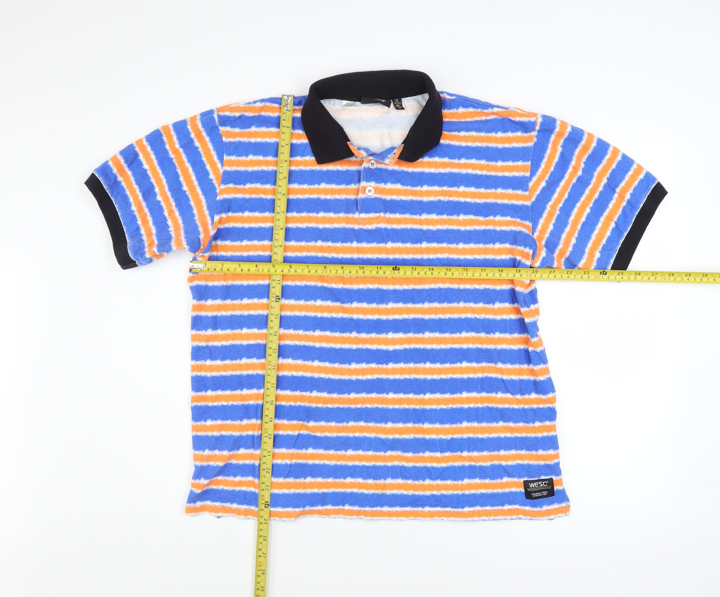 WESC Men's Blue Orange Striped Collared Polo Shirt XL Cotton